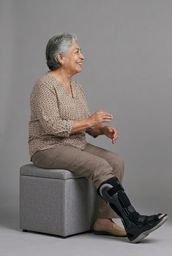 Paciente con bota walker ortopédica para rehabilitación de tobillo